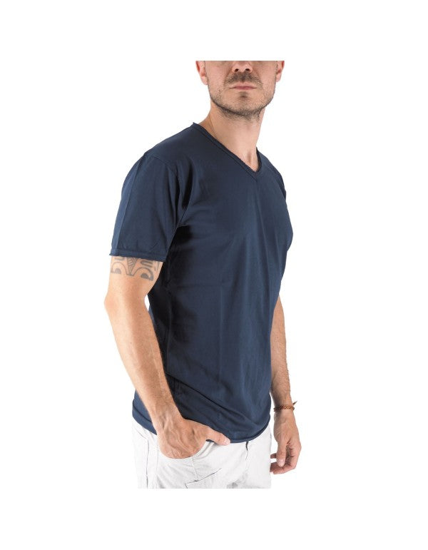 T-Shirt 100% Cotone Scollo A V Blu Navy Mosca