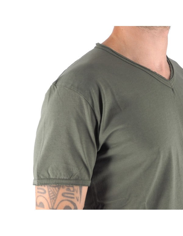 T-Shirt 100% Cotone Scollo A V Verde Mosca