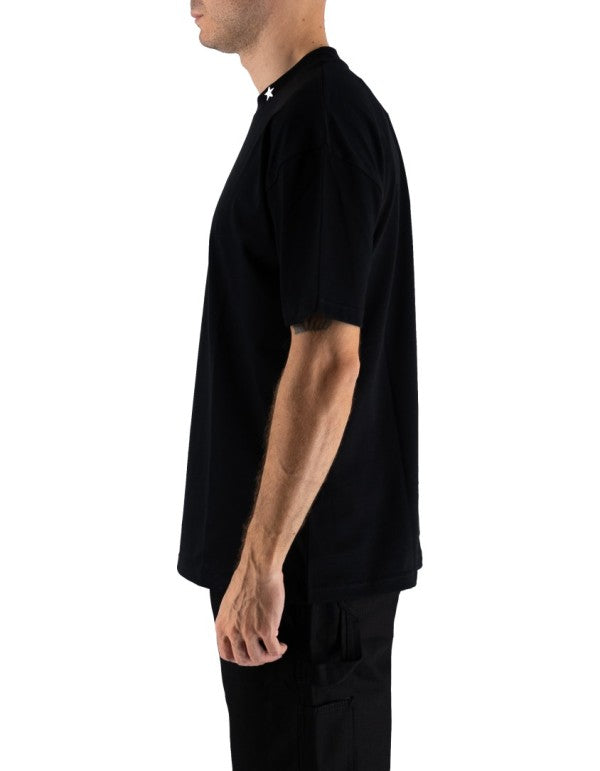 Black Tee With Embroidered Stars On The Neck And Patch On Back Nero