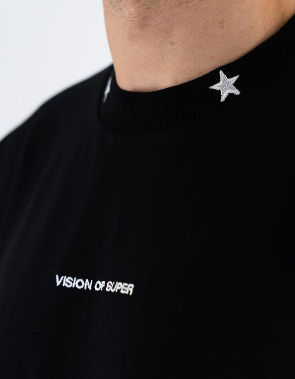 Black Tee With Embroidered Stars On The Neck And Patch On Back Nero