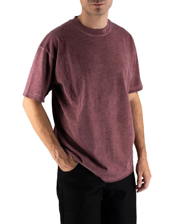 Stone Wash Red Tee With Embroidered Hearth On The Neck And Patch On Back Stone Wash