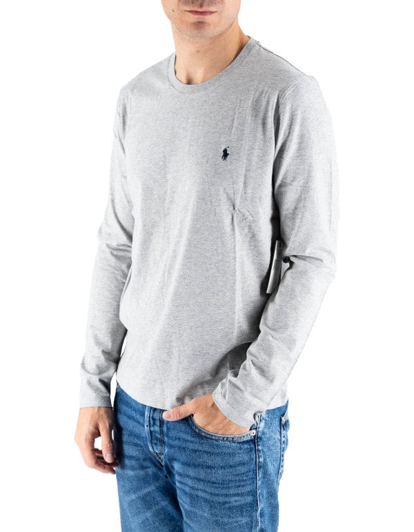 T-shirt Uomo Ralph Lauren Grigia Manica Lunga con Logo Ricamato Blu