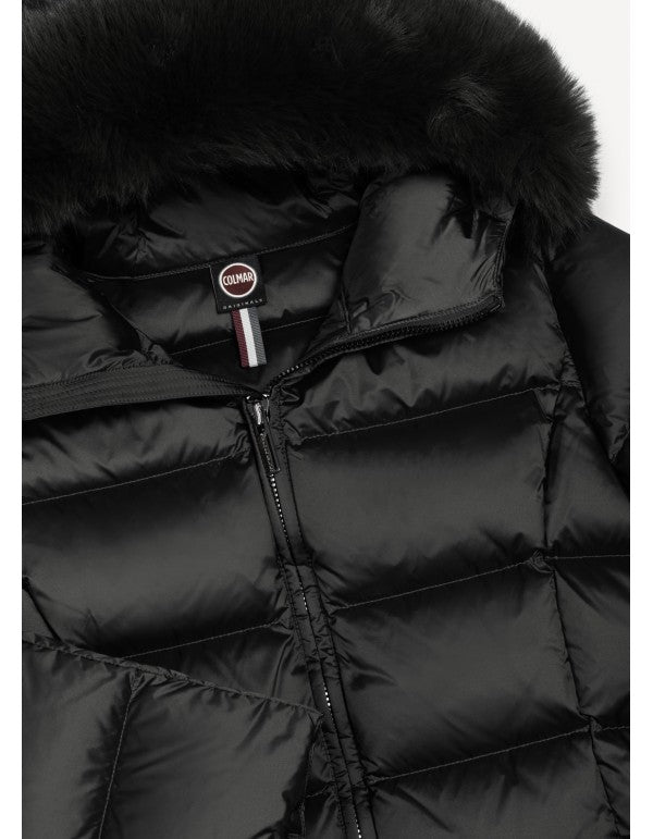 Piumino Lungo Con Cappuccio Eco Fur Nero