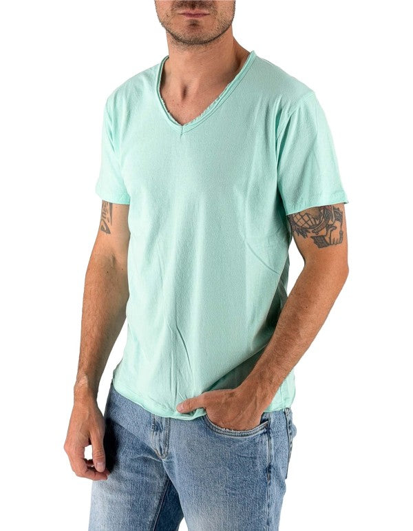 T-Shirt 100% Cotone Scollo A V Verde Acqua
