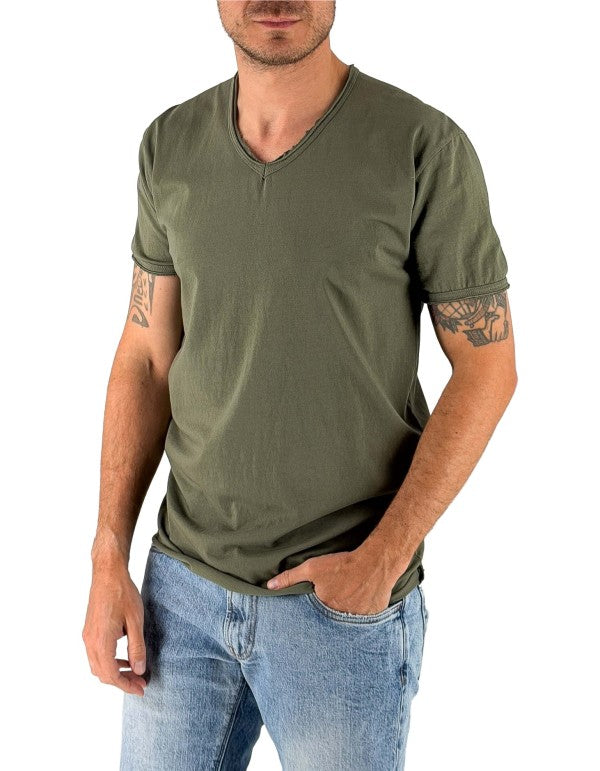 T-Shirt 100% Cotone Scollo A V Verde Mosca