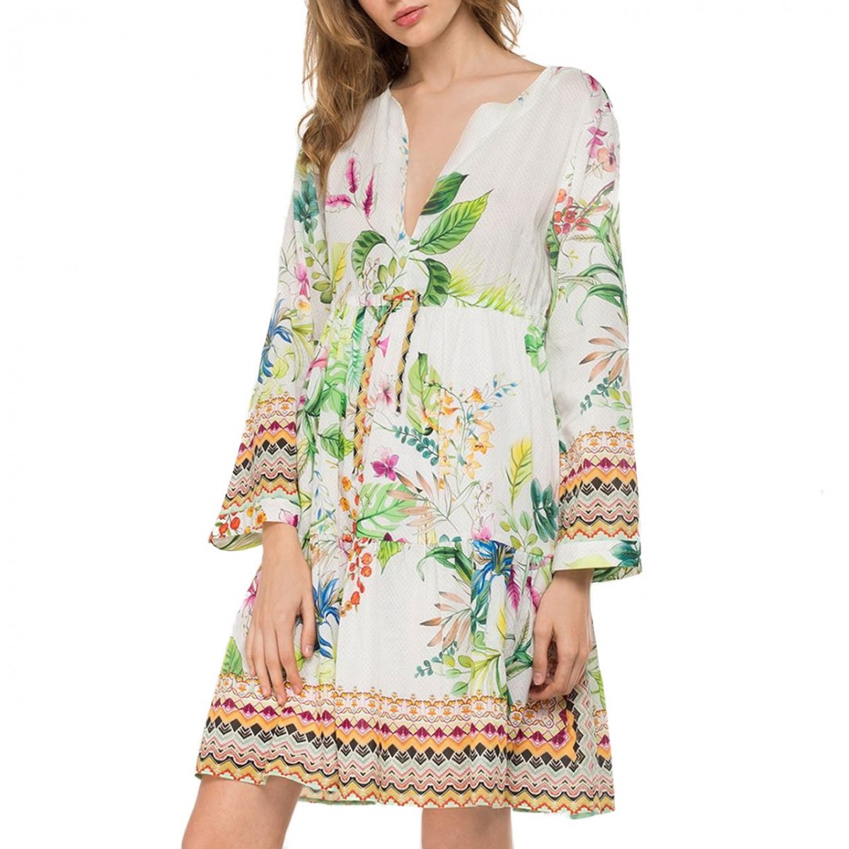 Replay | Dress With Floral Drawstring, White | RPY_W9602 .000.72008 .010