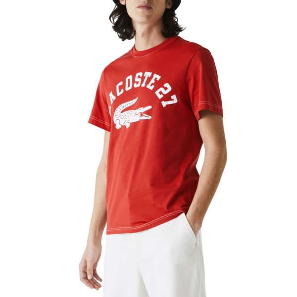 Cotton T-Shirt With Round Neck And Lacoste 27 Print, Red