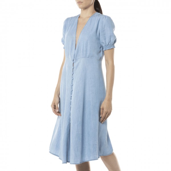 Denim Midi Dress With V-Neck, Blue