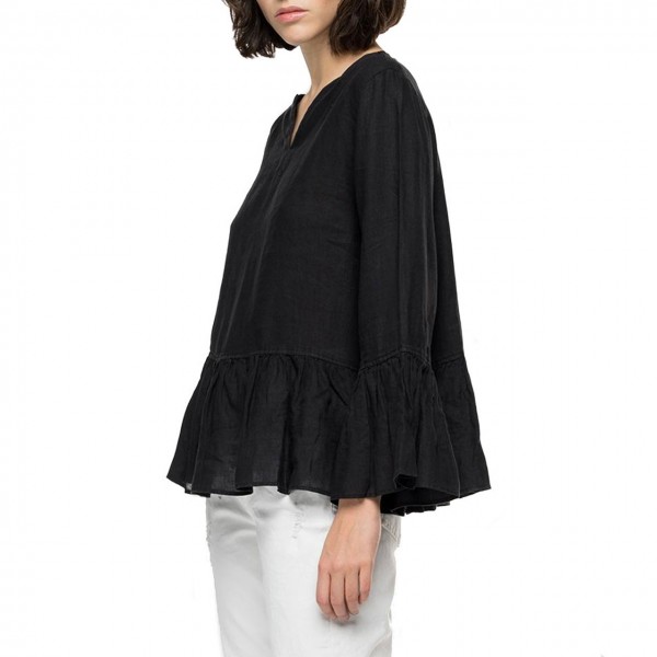 Pure Linen Shirt With Essential Ruffles, Black