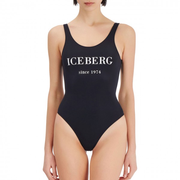 One-piece Swimsuit With Iceberg Writing, Black