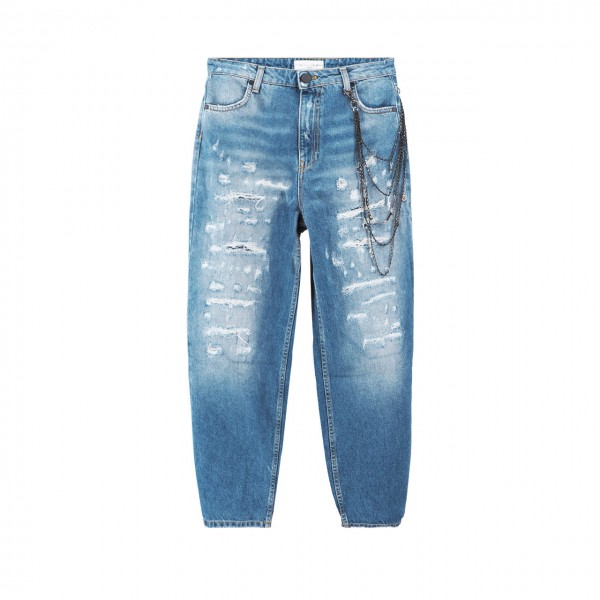 Jeans Slouchy Con Rotture E Catena, Blu
