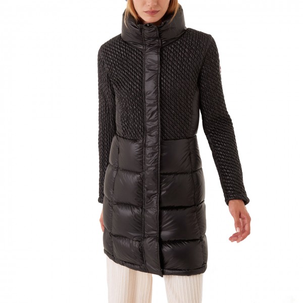 Long Semi-Quilted Down Jacket, Black