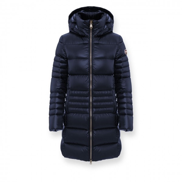Down jacket in recycled fabric with detachable hood, Blue