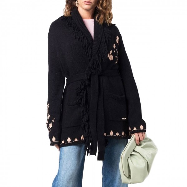 Cardigan With Floral Embroidery, Black