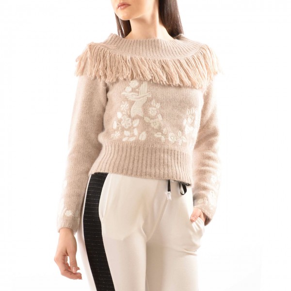 Sweater With Fringes And Floral Print, White