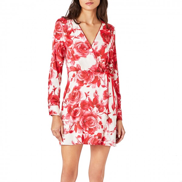 Wrap Dress In Satin With Rose Print, Pink