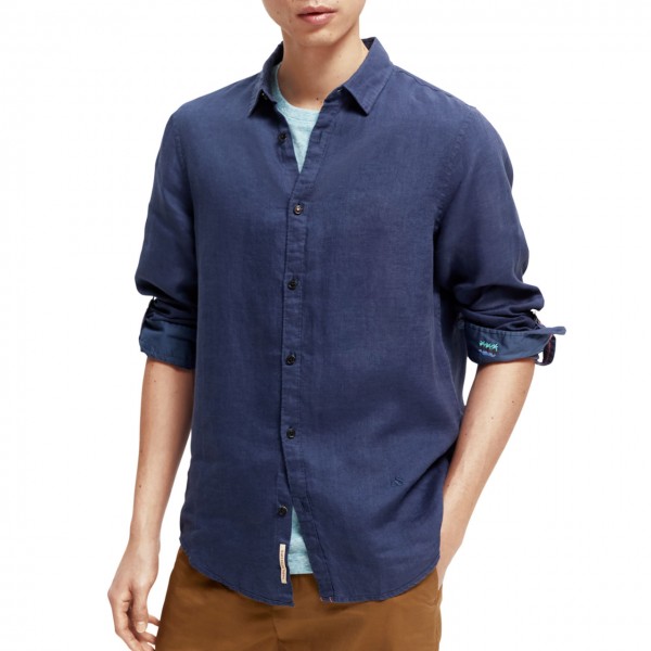 Camicia In Lino Regular Fit, Blu