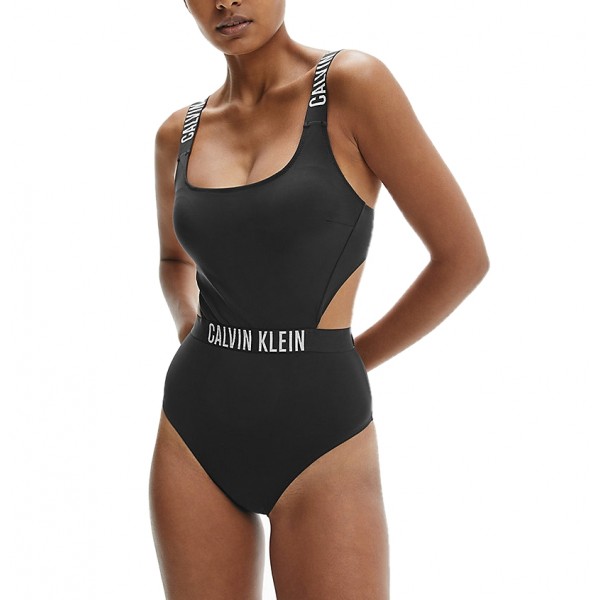 Bodysuit one-piece swimsuit with logoed elastic straps, Black