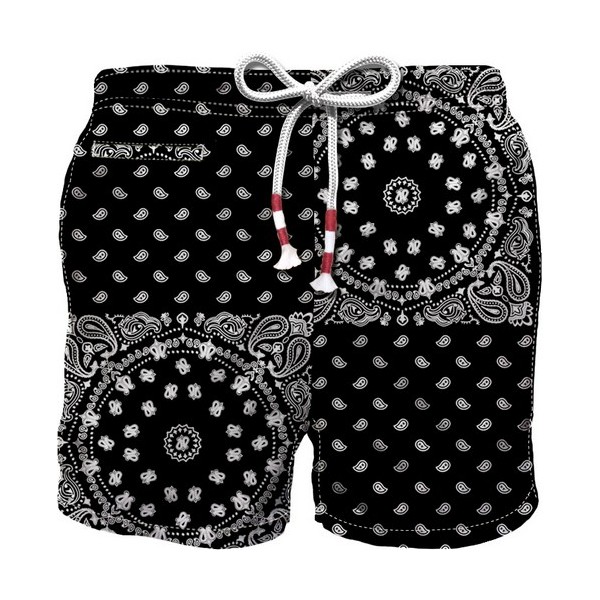 Swim Short With Drawstring Bandana Print, Black