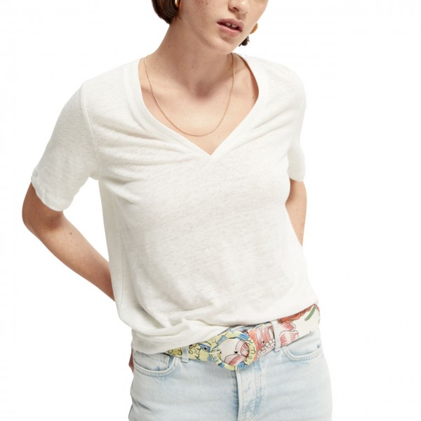 Linen T-Shirt With V-Neck, White