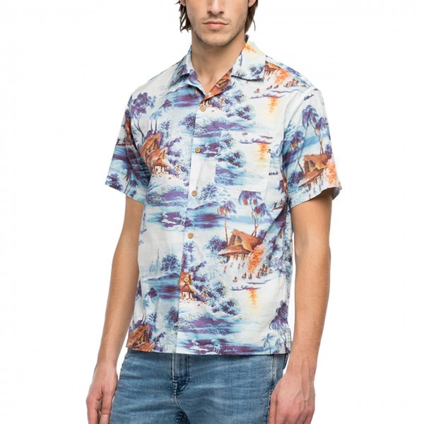 Camicia Hawaiiana Mezza Manica Con Stampa, Multi