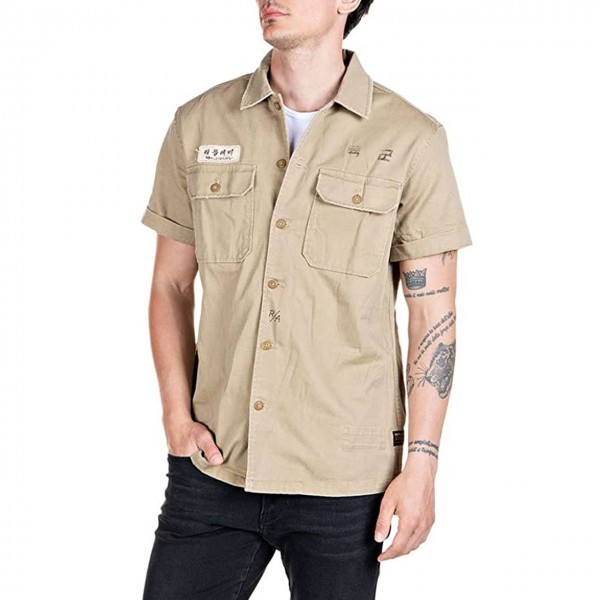 Half Sleeve Military Shirt With Patches and Prints, Beige