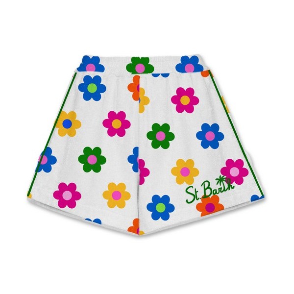 Terry Cloth Short with Daisies Pattern, White