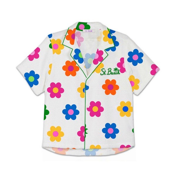 Terry Blouse with Daisies Pattern, White
