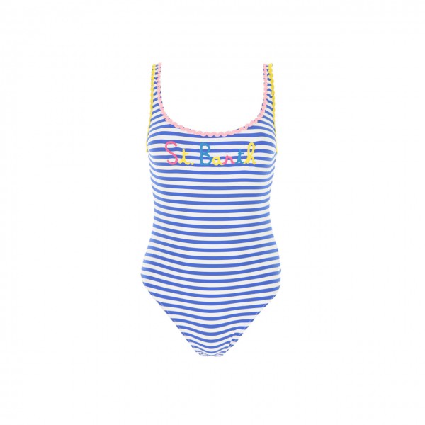 Striped One-piece Swimsuit With Embroidery, Multi