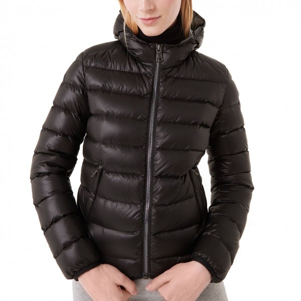 Iridescent Down Jacket with Fixed Hood, Black
