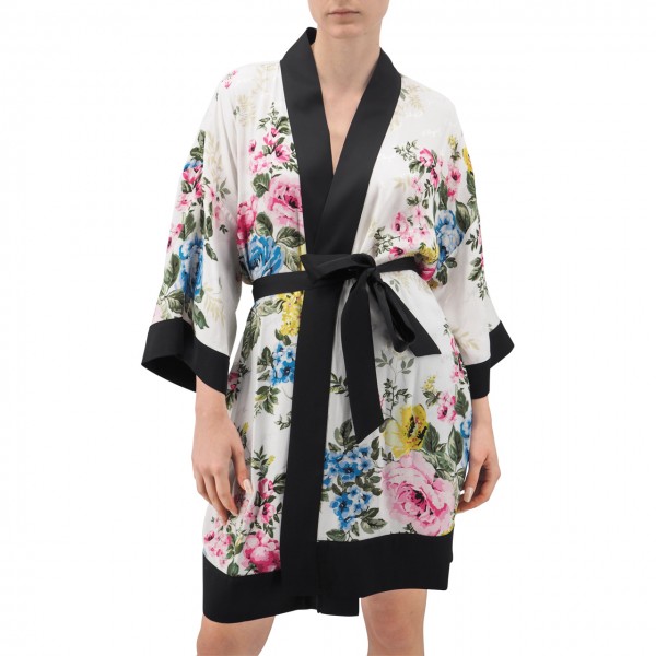 Kimono In Satin Jacquard With Flowers