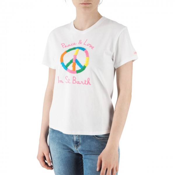 Cotton Crew Neck T-Shirt Peace Love Multicol 01 Emb