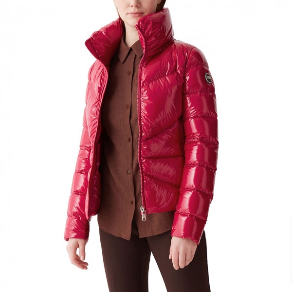 Down jacket with high collar in shiny Rebel fabric