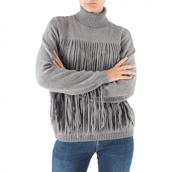 High Neck Sweater With Gray Melange Fringes