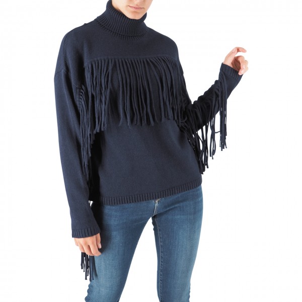 High Neck Sweater With Dark Blue Fringes