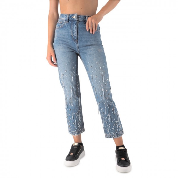 Jeans Cropped In Denim E Strass