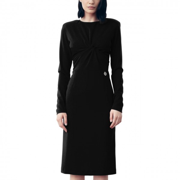 Crepe dress with crisscross straps and black flag