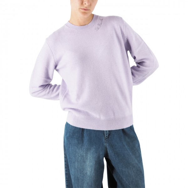 Crew-neck sweater with lilac St. Barth embroidery