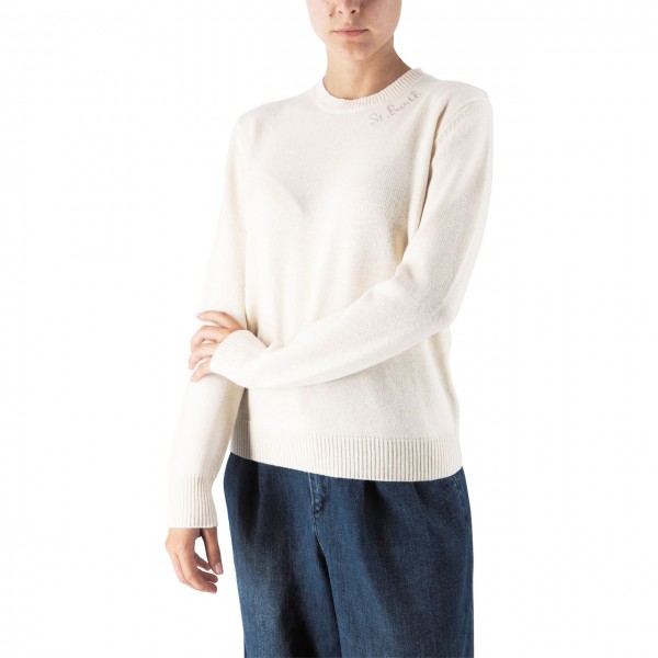 White Crew Neck Sweater With St. Barth Embroidery