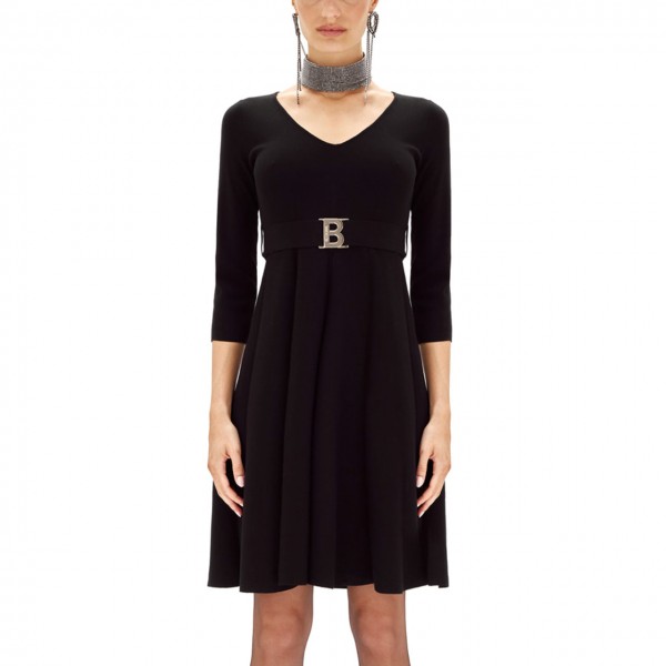 Knitted dress with black logo belt