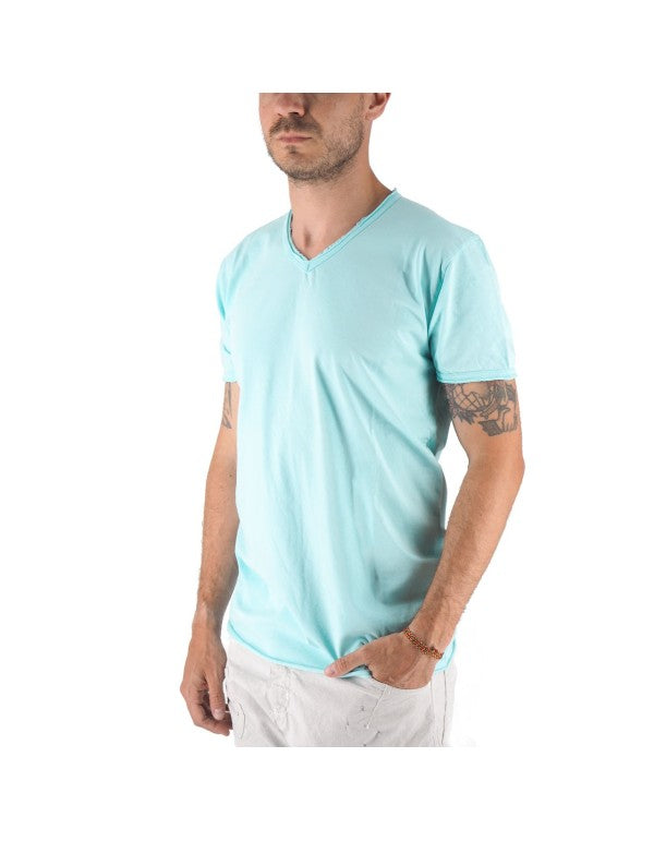 T-Shirt 100% Cotone Scollo A V Verde Acqua