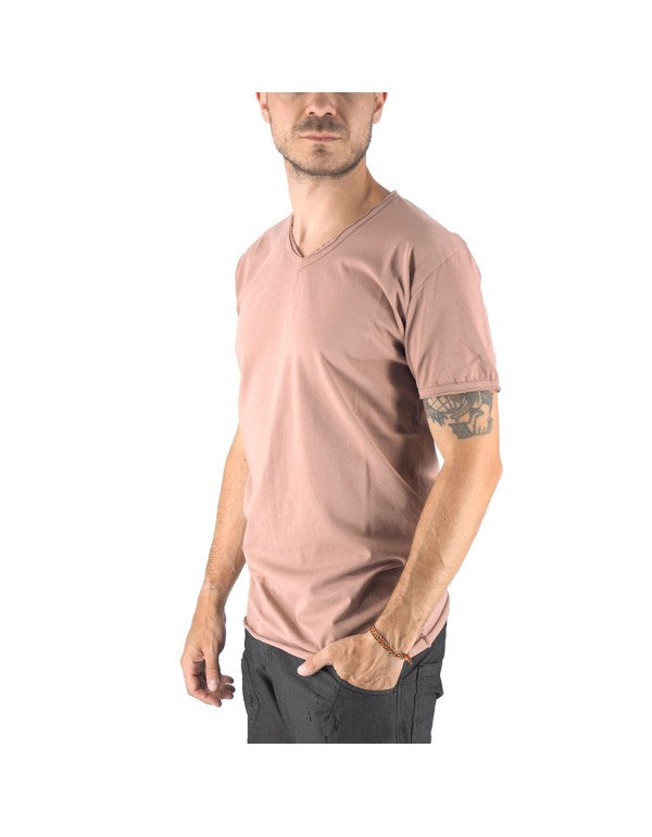 T-Shirt 100% Cotone Scollo A V Cipria Mosca