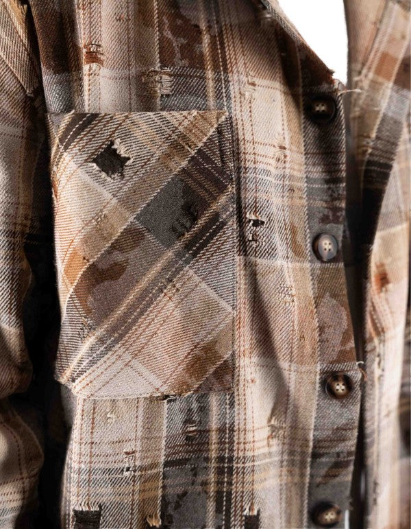 Overshirt Destroyed Check Marrone