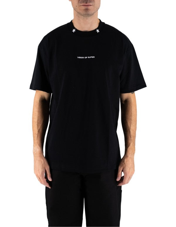 Black Tee With Embroidered Stars On The Neck And Patch On Back Nero