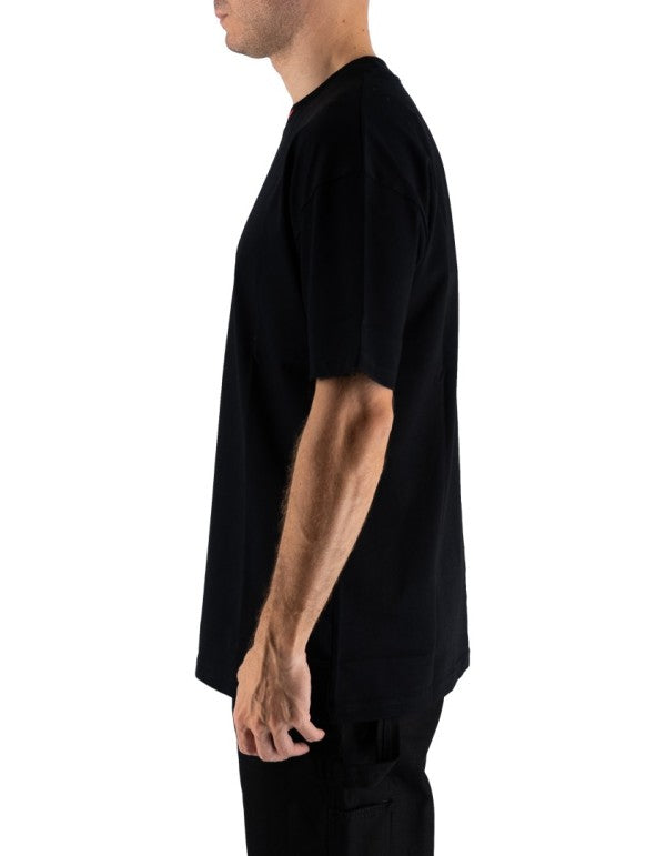 Black Tee With Embroidered Full Hearth On The Neck And Patch On Back Nero