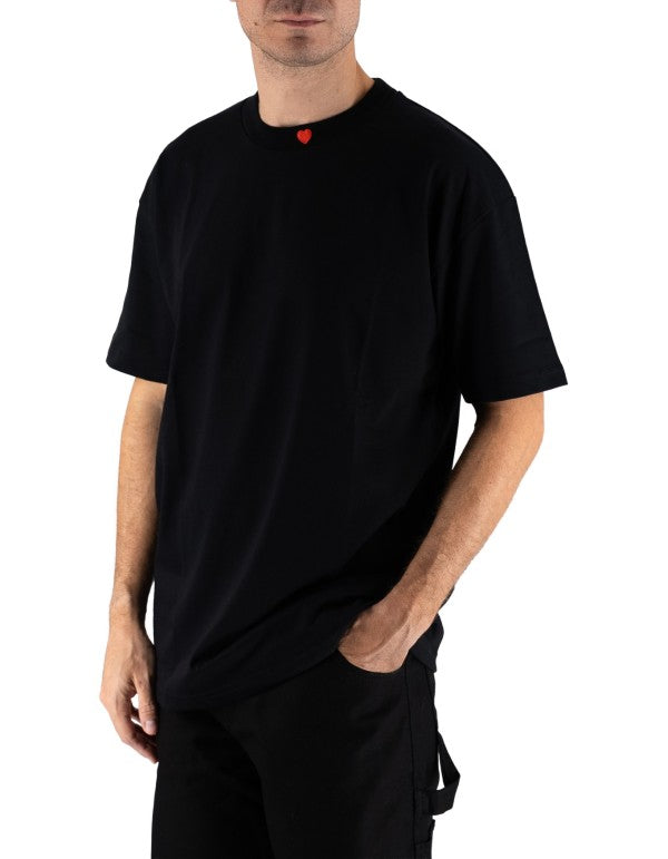 Black Tee With Embroidered Full Hearth On The Neck And Patch On Back Nero