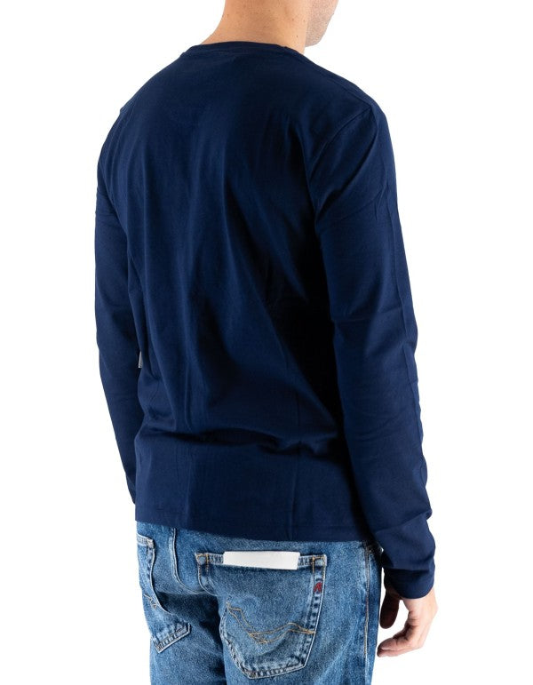 T-shirt Uomo Ralph Lauren Blu Navy Manica Lunga con Logo Ricamato Bianco