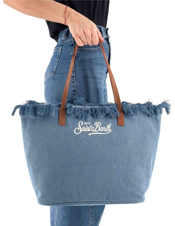 City Bag Fringe Denim Emb Canvas Bag