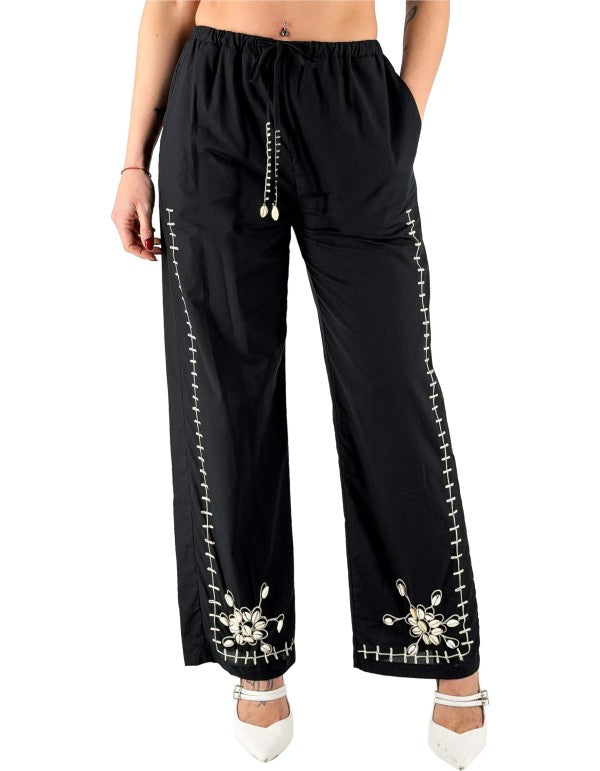 Black Trousers with Embroidery and Shells