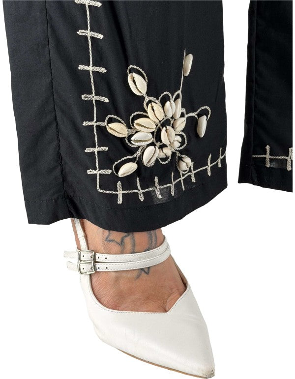Black Trousers with Embroidery and Shells